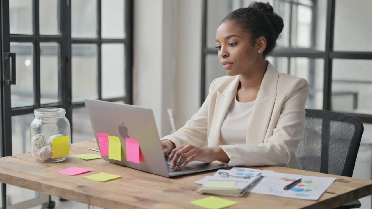 a black woman working a t her desk with a laptop where there are some postin and a glass jar where she then put the position with the finished task